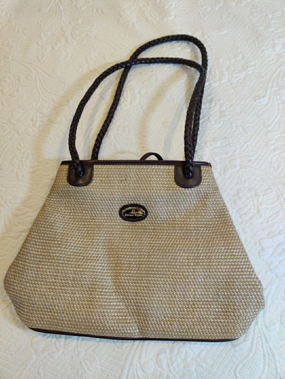 Etienne Aigner Woven Bag with Dark Brown Leather Braided Double Handles 2011